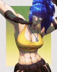 Rule 34 | 1girl, abs, armpits, artist name, blue eyes, blue hair, cosmicleeches, dog tags, eyes visible through hair, gloves, highres, leona heidern, muscular, muscular female, navel, ponytail, pouch, solo, tank top, the king of fighters, the king of fighters xv, twintails, watermark