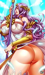 Rule 34 | 1girl, ass, bare shoulders, breasts, camilla (fire emblem), cosplay, covered erect nipples, dress, fire emblem, fire emblem fates, from behind, hair over one eye, huge ass, jadenkaiba, kid icarus, large breasts, long hair, looking at viewer, nintendo, open mouth, palutena, palutena (cosplay), purple eyes, purple hair, shiny skin, solo, staff, thighhighs, thong, tongue, very long hair