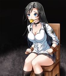 Rule 34 | 1girl, ahoge, bad id, bad pixiv id, bdsm, black background, black hair, blouse, blue eyes, blush, bondage, bound, breasts, chair, cleavage, closers, collar, gag, gagged, gbeeee, greenrain, kneehighs, large breasts, long hair, rope, shirt, sitting, sleeves rolled up, socks, solo, tears, thighs, tied to chair, white shirt, yuri seo