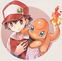 Rule 34 | 1boy, baseball cap, blue eyes, bright pupils, brown eyes, brown hair, charmander, closed mouth, commentary request, creatures (company), fangs, fangs out, flame-tipped tail, game freak, gen 1 pokemon, hand up, hat, jacket, male focus, nintendo, on shoulder, pokemon, pokemon (creature), pokemon on shoulder, pokemon rgby, red (pokemon), red headwear, red jacket, s (happycolor 329), short hair, smile, white pupils