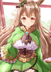 Rule 34 | 1girl, animal ears, bad id, bad pixiv id, blush, braid, brown eyes, brown hair, closed mouth, commentary request, cropped jacket, frilled skirt, frills, green jacket, green skirt, half updo, highres, horse ears, jacket, lace, lace-trimmed skirt, lace trim, long hair, long sleeves, looking at viewer, satono diamond (umamusume), shirt, skirt, sleeves past fingers, sleeves past wrists, smile, solo, umamusume, very long hair, white shirt, window, xenon (for achieve)
