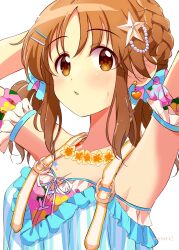 Rule 34 | 1girl, arm scrunchie, armpits, arms up, artist name, bare shoulders, beads, bikini, blush, braid, breasts, brown eyes, brown hair, collarbone, dot nose, earrings, floral print, flower, flower necklace, frilled bikini, frills, hair ornament, hairclip, heart, heart earrings, highres, idolmaster, idolmaster cinderella girls, idolmaster cinderella girls starlight stage, jewelry, large breasts, long hair, looking at viewer, multicolored bikini, multicolored clothes, necklace, open mouth, parted lips, potesara888, print bikini, scrunchie, signature, simple background, single braid, sleeveless, solo, star (symbol), star hair ornament, striped bikini, striped clothes, sweatdrop, swimsuit, totoki airi, twintails, upper body, white background, white scrunchie