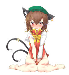 Rule 34 | 1girl, animal ears, bad id, bad pixiv id, bandaid, blush, bottomless, bow, brown eyes, brown hair, cat ears, cat tail, chen, covering privates, covering crotch, crossed bandaids, earrings, fang, full body, hat, jewelry, long sleeves, mob cap, multiple tails, naked sweater, nekomata, ootsuki momiji, open mouth, shirt, simple background, single earring, sitting, solo, sweater, tail, tears, torn clothes, torn sleeves, touhou, touhou ayaria epic, two tails, vest, wariza, white background