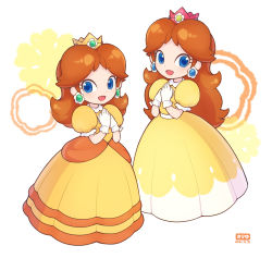 Rule 34 | 2girls, :d, blue eyes, blush, brooch, brown hair, crown, dated, dot nose, dress, dual persona, earrings, eyelashes, flipped hair, flower (symbol), flower earrings, full body, gloves, hands on own chest, highres, jewelry, long dress, long hair, looking at viewer, mario (series), medium hair, multiple girls, nintendo, open mouth, orange background, orange dress, princess, princess daisy, puffy short sleeves, puffy sleeves, short sleeves, smile, standing, super mario land, teru suzu, white background, white dress, white gloves, yellow background, yellow dress