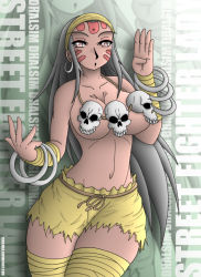 Rule 34 | 1girl, bandages, bracelet, breasts, capcom, censored, cleavage, convenient censoring, dhalsim, earrings, english text, facial mark, forehead mark, gender request, genderswap, grey hair, jewelry, long hair, navel, necklace, red eyes, shorts, skull, solo, street fighter, tattoo, topless