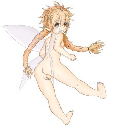 Rule 34 | 1girl, absurdres, anus, bar censor, blonde hair, braid, breasts, censored, completely nude, demon lord, dot nose, fairy, fairy wings, fat mons, female focus, flying, from behind, from below, grin, highres, long hair, looking at viewer, looking back, matching hair/eyes, nude, orange eyes, pointy ears, purewhitekirino, pussy, ramirisu, small breasts, smile, solo, tensei shitara slime datta ken, transparent background, twin braids, very long hair, wings