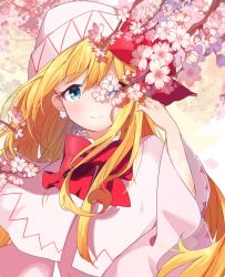 Rule 34 | 1girl, ametama (runarunaruta5656), blonde hair, blue eyes, blush, bow, bowtie, capelet, check commentary, cherry blossoms, closed mouth, collar, commentary request, earrings, fairy wings, floating hair, flower earrings, hair between eyes, hand up, highres, jewelry, lily white, long hair, long sleeves, looking at viewer, one eye covered, partial commentary, petals, red bow, red bowtie, solo, touhou, transparent wings, upper body, white headwear, wide sleeves, wings