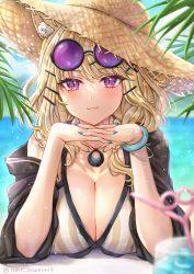 Rule 34 | 1girl, :3, animal ear fluff, aqua nails, arknights, bare shoulders, bikini, blonde hair, blue sky, breasts, cleavage, cloud, commentary request, day, drinking straw, eyewear on head, hat, head rest, highres, interlocked fingers, jewelry, large breasts, long hair, long sleeves, looking at viewer, nail polish, necklace, nyamaso, off shoulder, official alternate costume, outdoors, purple eyes, sky, slit pupils, smile, solo, striped bikini, striped clothes, sun hat, sunglasses, swimsuit, swimsuit cover-up, twitter username, upper body, utage (arknights), utage (summer flowers) (arknights), vertical-striped bikini, vertical-striped clothes, white bikini