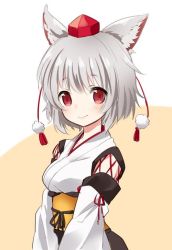 Rule 34 | 1girl, animal ears, blush, breasts, closed mouth, cowboy shot, detached sleeves, eyebrows, hat, ica, inubashiri momiji, jpeg artifacts, kourindou tengu costume, looking at viewer, multicolored background, obi, red eyes, sash, short hair, silver hair, small breasts, solo, tokin hat, touhou, two-tone background, upper body, wolf ears