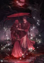 Rule 34 | 2boys, armlet, bridal veil, bug, butterfly, dress, full body, glowing butterfly, highres, holding, holding umbrella, hua cheng, husband and husband, insect, long hair, long sleeves, male focus, moon, multiple boys, rain, senyumuge22414, standing, tianguan cifu, umbrella, veil, wedding dress, white butterfly, xie lian