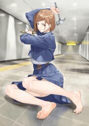 Rule 34 | 1girl, absurdres, arm up, artist name, bare legs, barefoot, blue jacket, blue skirt, brown eyes, brown hair, closed mouth, convenient leg, cropped jacket, eyelashes, feet, full body, hammer, hashtag-only commentary, high-waist skirt, highres, holding, holding hammer, jacket, jujutsu kaisen, kugisaki nobara, legs, long sleeves, looking at viewer, mbr90munouk, medium hair, pleated skirt, shadow, skirt, smile, soles, solo, swept bangs, the exit 8, tile floor, tiles, toenails, toes, twitter username, v-shaped eyebrows