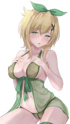 Rule 34 | 1girl, akatsuki kirika, babydoll, bare shoulders, blaze (blaze pso2), blonde hair, blush, bow, breasts, cleavage, covered erect nipples, green eyes, green panties, hair bow, hair ornament, lace, lace-trimmed panties, lace trim, lingerie, medium breasts, navel, nipples, open mouth, panties, see-through, senki zesshou symphogear, simple background, sitting, solo, thighhighs, underwear, white background, x hair ornament