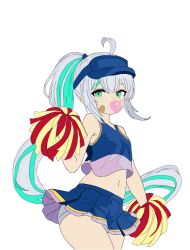 Rule 34 | 1girl, ahoge, bandaid, bandaid on face, blowing bubbles, blue shirt, blue skirt, breasts, cheerleader, chewing gum, colored inner hair, crop top, edu castro, epinel (nikke), goddess of victory: nikke, green eyes, green hair, long hair, multicolored hair, navel, non-web source, pom pom (cheerleading), ponytail, shirt, skirt, small breasts, solo, visor cap, white hair