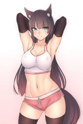 Rule 34 | 1girl, animal ear fluff, animal ears, armpits, arms behind head, arms up, black hair, black thighhighs, bluefield, blush, breasts, brown hair, cleavage, collarbone, covered erect nipples, cowboy shot, dolphin shorts, elbow gloves, fox ears, fox girl, fox tail, gloves, green eyes, groin, gym shorts, highres, hime cut, large breasts, long hair, micro shorts, midriff, navel, original, short shorts, shorts, smile, solo, sports bra, sportswear, stomach, sweat, tail, thighhighs, white background, zettai ryouiki