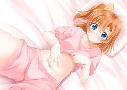 Rule 34 | 1girl, :o, asakawa-san (8107ka), bed sheet, poking belly, blue eyes, blush, bow, breasts, clothes lift, collarbone, commentary request, cowboy shot, dutch angle, finger in navel, hair between eyes, hair bow, highres, kosaka honoka, lifting own clothes, looking down, love live!, love live! school idol project, lying, medium breasts, navel, on back, one side up, orange hair, pajamas, pillow, pink shorts, shirt lift, short sleeves, shorts, sidelocks, solo, stomach, yellow bow