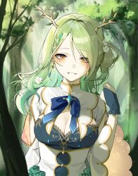 Rule 34 | 1girl, absurdres, antlers, blush, braid, branch, breasts, ceres fauna, cleavage, ddungddang, dress, earrings, flower, forest, green hair, hair between eyes, hair flower, hair ornament, hair rings, hand up, highres, hololive, hololive english, horns, jewelry, large breasts, leaf, looking at viewer, medium hair, mole, mole under eye, nature, ribbon, smile, sunlight, teeth, tree, virtual youtuber, wavy hair, wide sleeves, yellow eyes