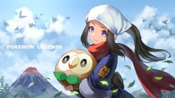 Rule 34 | 1girl, akari (pokemon), bird, black hair, closed mouth, cloud, commentary request, creatures (company), danryoku (ucrh3525), day, falling leaves, floating hair, floating scarf, from side, game freak, gen 7 pokemon, head scarf, holding, holding pokemon, jacket, leaf, long hair, mountain, nintendo, outdoors, pokemon, pokemon (creature), pokemon legends: arceus, ponytail, purple eyes, red scarf, rowlet, scarf, sky, smile, upper body, white headwear