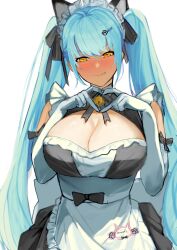 Rule 34 | 1girl, absurdres, animal ears, apron, bare shoulders, bell, black dress, blue hair, blush, breasts, cat ears, cleavage, clenched teeth, dress, elbow gloves, gloves, goddess of victory: nikke, heart, heart hands, highres, jingle bell, large breasts, long hair, looking at viewer, maid headdress, nyahpa20, privaty (nikke), privaty (unkind maid) (nikke), short dress, solo, teeth, twintails, very long hair, waist apron, white gloves, yellow eyes