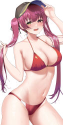 Rule 34 | 1girl, absurdres, bare arms, bare shoulders, bikini, black hat, blush, breasts, cleavage, cowboy shot, earrings, hat, heart, heart earrings, heterochromia, highres, hololive, houshou marine, houshou marine (summer), jewelry, large breasts, long hair, looking at viewer, navel, oidoden2535, parted lips, red bikini, red eyes, red hair, simple background, smile, solo, swimsuit, twintails, virtual youtuber, white background, yellow eyes