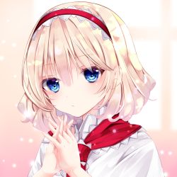 Rule 34 | 1girl, alice margatroid, bad id, bad pixiv id, blonde hair, blue eyes, blush, capelet, closed mouth, hair between eyes, hairband, hands up, interlocked fingers, looking at viewer, nanase nao, own hands together, red hairband, solo, touhou, upper body, white capelet, window