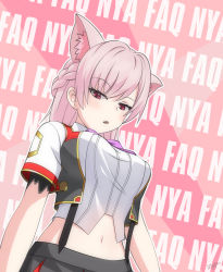 Rule 34 | 1girl, animal ear fluff, animal ears, black skirt, black vest, blush, bow, bowtie, braid, breasts, cat ears, collared shirt, commentary, disdain, fang, gold trim, hexagon, jacket, large breasts, long hair, midriff, mitsurugi lia, multicolored vest, navel, parted lips, pink background, pink hair, purple bow, purple bowtie, raised eyebrow, red eyes, red vest, shirt, side braid, signature, skin fang, skirt, stomach, striped clothes, striped shirt, suspender skirt, suspenders, text background, vertical-striped clothes, vertical-striped shirt, vest, virtual youtuber, wactor production, white shirt, zero (73ro)