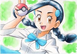 Rule 34 | 1girl, :d, black hair, blue bow, bow, brown eyes, candice (pokemon), clothes around waist, collared shirt, commentary, creatures (company), eyelashes, game freak, green background, hair ornament, hairclip, hand up, highres, holding, holding poke ball, long hair, looking at viewer, multi-tied hair, nintendo, oka mochi, open mouth, poke ball, poke ball (basic), pokemon, pokemon dppt, shirt, smile, solo, sweater, sweater around waist, tongue, traditional media, twintails, white shirt