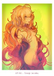 Rule 34 | 1girl, antenna hair, ass, blonde hair, border, breasts, character name, demon girl, drooling, heart, heart-shaped pupils, long hair, messy hair, nude, pointy ears, sakuran-b, scp-166, scp foundation, solo, demon girl, symbol-shaped pupils, very long hair