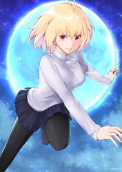 Rule 34 | 1girl, antenna hair, arcueid brunestud, black pantyhose, blonde hair, blue skirt, breasts, chienon, claw pose, fingernails, floating, full moon, highres, huge moon, jewelry, looking at viewer, miniskirt, moon, moonlight, necklace, night, outdoors, pantyhose, pleated skirt, red eyes, sharp fingernails, short hair, signature, skirt, slit pupils, smile, solo, sweater, tsukihime, tsukihime (remake), turtleneck, turtleneck sweater, white sweater
