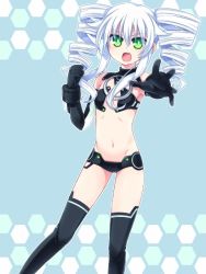 Rule 34 | 1girl, black sister, blush, drill hair, elbow gloves, flat chest, gloves, green eyes, long hair, looking at viewer, navel, neptune (series), solo, symbol-shaped pupils, thighhighs, twin drills, uni (neptunia), white hair