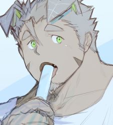 Rule 34 | 1boy, absurdres, animal ears, bad id, bad twitter id, body fur, dog boy, dog ears, facial hair, food, goatee, gomeisa (live a hero), green eyes, grey hair, hair strand, highres, licking, live a hero, long sideburns, male focus, onyu (onyu 25), popsicle, portrait, short hair, sideburns, solo, thick eyebrows, tongue, tongue out, upper body