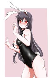 Rule 34 | 1girl, alternate hair color, animal ears, ass, black hair, blush, breasts, rabbit ears, rabbit tail, covered erect nipples, highres, long hair, medium breasts, nipples, one breast out, playboy bunny, rabbit girl, red eyes, reisen udongein inaba, smile, solo, sweatdrop, tail, touhou, v, yaruku