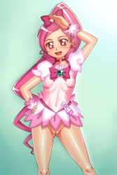 Rule 34 | 10s, 1girl, blush, cleft of venus, cure blossom, female focus, hanasaki tsubomi, happy, heartcatch precure!, nipples, no panties, open mouth, pink eyes, pink hair, ponytail, precure, pussy, standing, transparent, yasuomi
