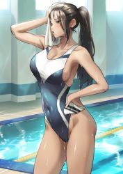 Rule 34 | 1girl, black eyes, black hair, breasts, cleavage, competition swimsuit, hand on own hip, jagaimo (kkamja), large breasts, long hair, mole, mole on breast, one-piece swimsuit, open mouth, original, ponytail, pool, sideboob, solo, standing, unworn swim cap, swimsuit, wet, yoo sena (jagaimo (kkamja))