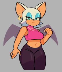 Rule 34 | 1girl, absurdres, animal ears, bat ears, bat girl, bat wings, black leggings, clenched hand, commentary, cowboy shot, crop top, earrings, english commentary, eyeshadow, furry, furry female, green eyes, grey background, half-closed eyes, highres, jewelry, leggings, makeup, navel, rouge the bat, simple background, sleeveless, solo, sonic (series), wings, xeno (xenoglitch)