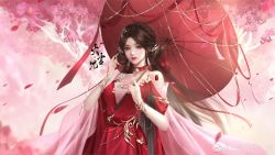 Rule 34 | 1girl, absurdres, brown hair, chinese clothes, collar, dress, hair ornament, hair rings, hand in own hair, highres, holding, holding umbrella, huo linger (wanmei shijie), huo linger tongren she, long hair, open mouth, pink umbrella, red dress, smile, teeth, umbrella, wanmei shijie