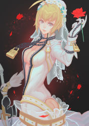 Rule 34 | 10s, 1girl, ahoge, ass, ass cutout, blonde hair, bodysuit, breasts, butt crack, center opening, chain, cleavage, clothing cutout, d.dark, fate/extra, fate/extra ccc, fate (series), flower, gloves, gradient background, green eyes, lock, nero claudius (bride) (fate), nero claudius (fate), nero claudius (fate) (all), padlock, solo, veil