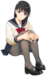 Rule 34 | 1girl, black hair, black pantyhose, blue skirt, blush, commentary request, crotch seam, hands on own knees, highres, interlocked fingers, loafers, long sleeves, looking at viewer, mibu natsuki, neckerchief, open mouth, original, own hands together, panties, panties under pantyhose, pantyhose, pleated skirt, purple eyes, red neckerchief, school uniform, serafuku, shirt, shoes, short hair, simple background, sitting, skirt, smile, solo, thighband pantyhose, underwear, white background, white panties, white shirt