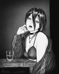 Rule 34 | 1girl, absurdres, bare shoulders, black choker, bra, chainsaw man, choker, cup, drinking glass, earrings, fingernails, greyscale, hair between eyes, hair bun, highres, jacket, jewelry, looking at viewer, marvin (omarvin), medium hair, monochrome, necklace, open clothes, open jacket, open mouth, reze (chainsaw man), single hair bun, sitting, underwear
