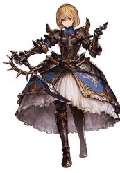 Rule 34 | 10s, 1girl, armor, armored boots, armored dress, black footwear, black thighhighs, blonde hair, boots, breastplate, brown eyes, djeeta (granblue fantasy), full body, gauntlets, granblue fantasy, holding, holding weapon, knight, looking at viewer, minaba hideo, official art, short hair, shoulder pads, simple background, solo, standing, sword, thighhighs, third-party edit, weapon, white background