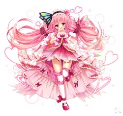 Rule 34 | 1girl, :d, absurdres, bettle (b s a n), blush, bow, butterfly hair ornament, dress, dress bow, flower knight girl, full body, gloves, hair ornament, hanamomo (flower knight girl), heart, heart hands, highres, long hair, looking at viewer, open mouth, pink dress, pink skirt, purple eyes, simple background, skirt, smile, solo, standing, standing on one leg, thighhighs, twintails, very long hair, white background, white gloves, white thighhighs
