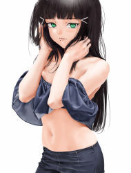 Rule 34 | 1girl, bare shoulders, black hair, clothes lift, hair ornament, hairclip, jyon, kurosawa dia, long hair, looking at viewer, love live!, love live! sunshine!!, midriff, mole, mole under mouth, navel, photo-referenced, shirt lift, simple background, solo, stomach, strapless, white background