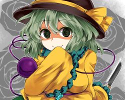 Rule 34 | 1girl, bad id, bad pixiv id, black headwear, bow, collared shirt, evil smile, eyeball, floral background, floral print, frilled shirt collar, frilled sleeves, frills, green eyes, green hair, green skirt, hat, hat bow, hat ribbon, holding, holding knife, knife, komeiji koishi, long sleeves, ribbon, shirt, skirt, smile, string, third eye, touhou, wavy hair, wide sleeves, yellow bow, yellow ribbon, yellow shirt, zetsumame