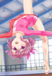 Rule 34 | 1girl, ahoge, arched back, backflip, barefoot, breasts, feet, flexible, gymnastics, highres, indoors, jumping, leaning back, leg up, legs, leotard, long sleeves, midair, mitarashi dingo, open mouth, original, outstretched arms, pink eyes, pink hair, pink leotard, red leotard, rhythmic gymnastics, ribbon, short hair, smile, soles, solo, somersault, thighs, toes, two-tone leotard, two side up, upside-down