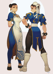 Rule 34 | 1girl, ass, boots, bracelet, breasts, brown hair, capcom, china dress, chinese clothes, chun-li, double bun, dress, flats, from behind, full body, hair bun, hand on own hip, highres, jewelry, looking at viewer, morry, official alternate costume, pantyhose, pelvic curtain, sash, spiked bracelet, spikes, standing, street fighter, street fighter 6, street fighter ii (series)