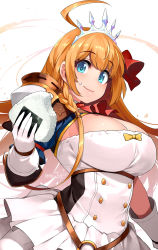 Rule 34 | 1girl, ahoge, blue eyes, braid, breasts, commentary, dated, eating, food, food on face, gloves, hair ribbon, happa (cloverppd), highres, large breasts, long hair, looking at viewer, onigiri, orange hair, pecorine (princess connect!), princess connect!, red ribbon, ribbon, signature, simple background, skirt, smile, solo, tiara, white gloves, white skirt