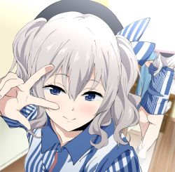 Rule 34 | 10s, 1girl, ass, beret, blue eyes, bottomless, collarbone, employee uniform, hair between eyes, hat, kantai collection, kashima (kancolle), lawson, looking at viewer, mirror, naked shirt, reflection, selfie, shirt, silver hair, smile, solo, twintails, uniform, v, v over eye, wavy hair, yoshiki360