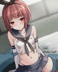 Rule 34 | 1boy, 1girl, black neckerchief, blue skirt, blunt bangs, blush, brown hair, closed mouth, cosplay, crop top, eckert&amp;eich, elbow gloves, empty eyes, gloves, hairband, highleg, highleg panties, highres, kantai collection, looking at viewer, midriff, neckerchief, panties, pleated skirt, red eyes, sailor collar, shimakaze (kancolle), shimakaze (kancolle) (cosplay), short hair, silhouette, skirt, solo focus, thigh grab, thighhighs, twitter username, underwear, white gloves, z3 max schultz (kancolle)