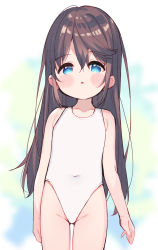Rule 34 | 1girl, :o, bare arms, bare shoulders, black hair, blue eyes, blurry, blurry background, blush stickers, collarbone, commentary request, covered navel, depth of field, groin, hair between eyes, highres, long hair, looking at viewer, meito (maze), one-piece swimsuit, original, parted lips, solo, swimsuit, very long hair, white one-piece swimsuit