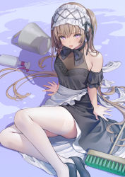 Rule 34 | 1girl, arms at sides, black dress, blush, bonnet, bottle, bow choker, breasts, broom, brown hair, bucket, dress, long hair, looking at viewer, maid, ne-on, off-shoulder dress, off shoulder, on ground, original, purple eyes, see-through, see-through dress, shadow, shoes, sitting, small breasts, solo, spray bottle, thighhighs, thighs, tongue, tongue out, twintails, white thighhighs