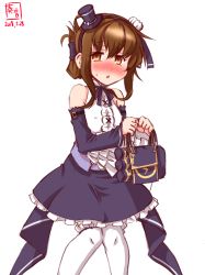 Rule 34 | 1girl, azur lane, bag, black skirt, blush, brown eyes, brown hair, commentary request, cosplay, cowboy shot, dated, detached sleeves, folded ponytail, frilled shirt, frilled skirt, frills, full-face blush, hat, highres, historical name connection, inazuma (azur lane), inazuma (azur lane) (cosplay), inazuma (kancolle), inazuma (vanilla pudding) (azur lane), kanon (kurogane knights), kantai collection, knees together feet apart, legs together, logo, long hair, mini hat, mini top hat, name connection, shirt, simple background, skirt, sleeveless, sleeveless shirt, solo, thighhighs, top hat, white background, white thighhighs